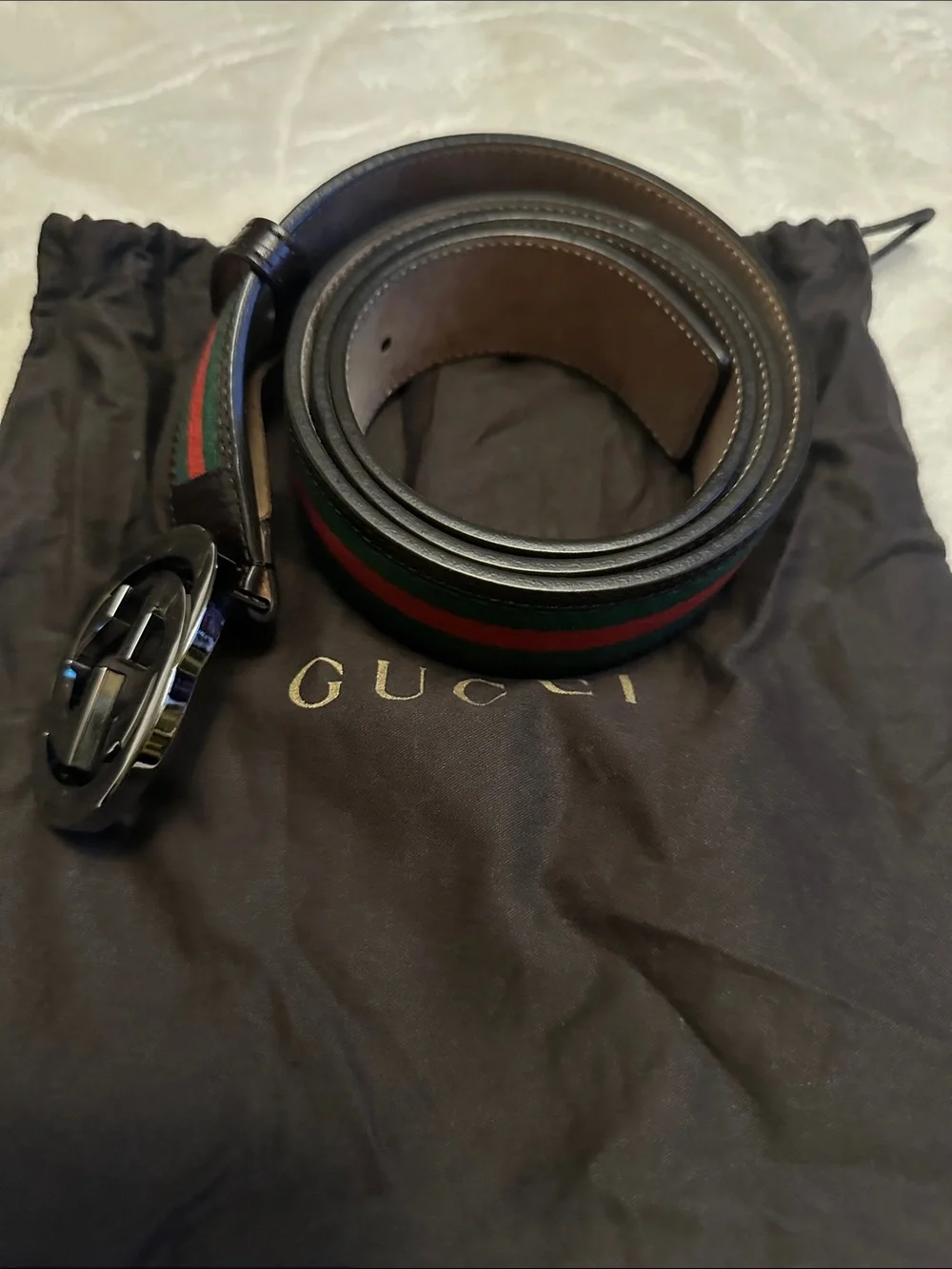 Gucci Green/Red/Black Web Leather Belt with GG Round Buckle